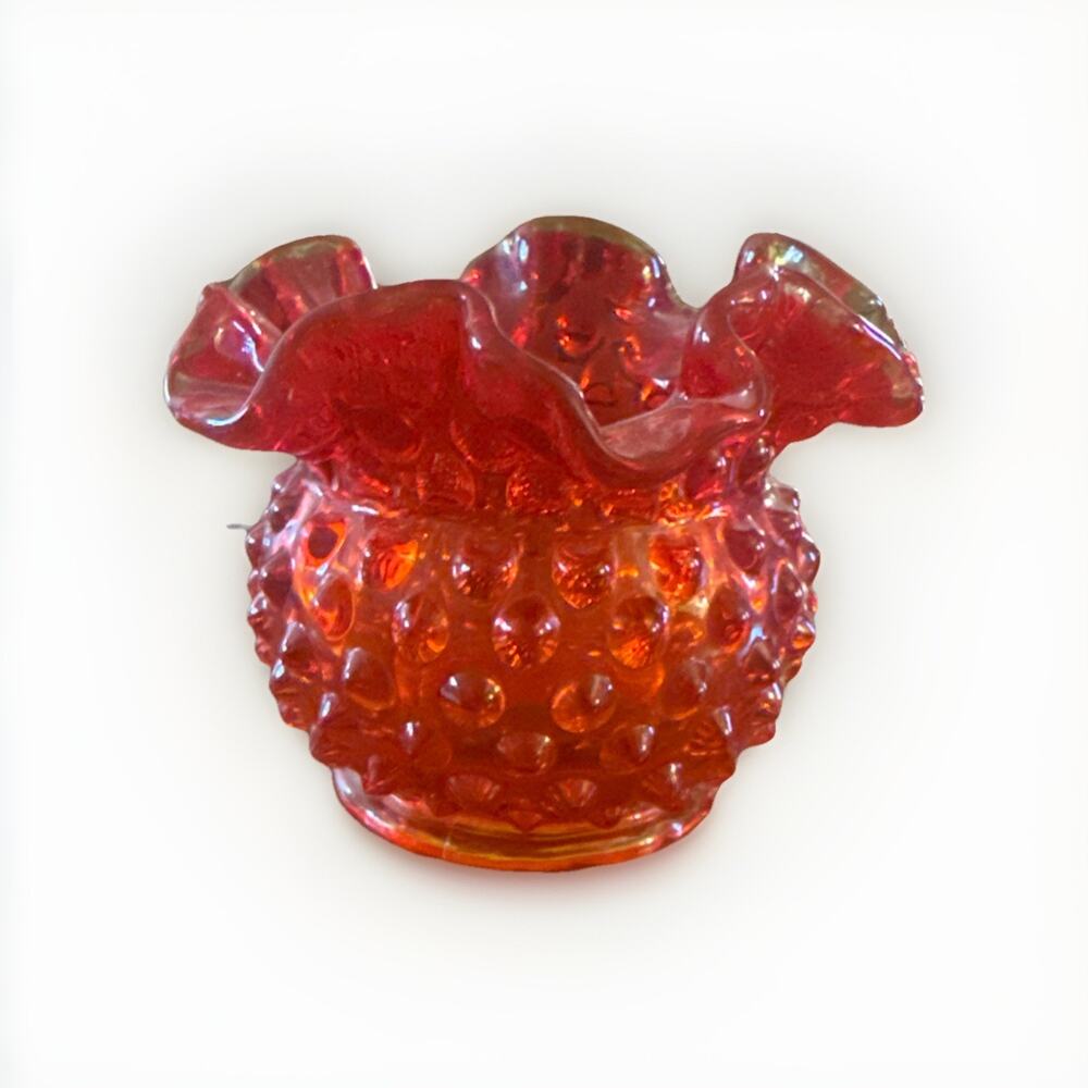 Fenton Glass Red Amberina Hobnail Small Ruffled Top Vase UV Cadmium Glow 3.25 In